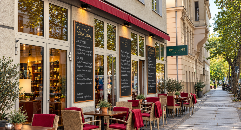 Außenansicht des Röseling Feinkost mit Außenterrasse, roten Sitzpolstern und begrüntem Straßenbild in Leipzig.