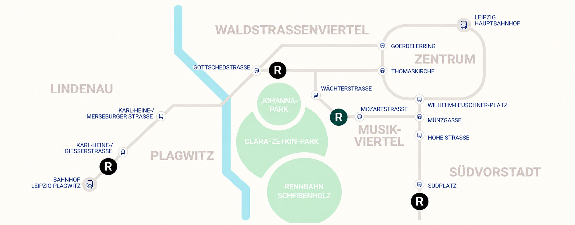 Übersichtskarte der vier Röseling-Filialen in Leipzig mit hervorgehobener Filiale im Musikviertel