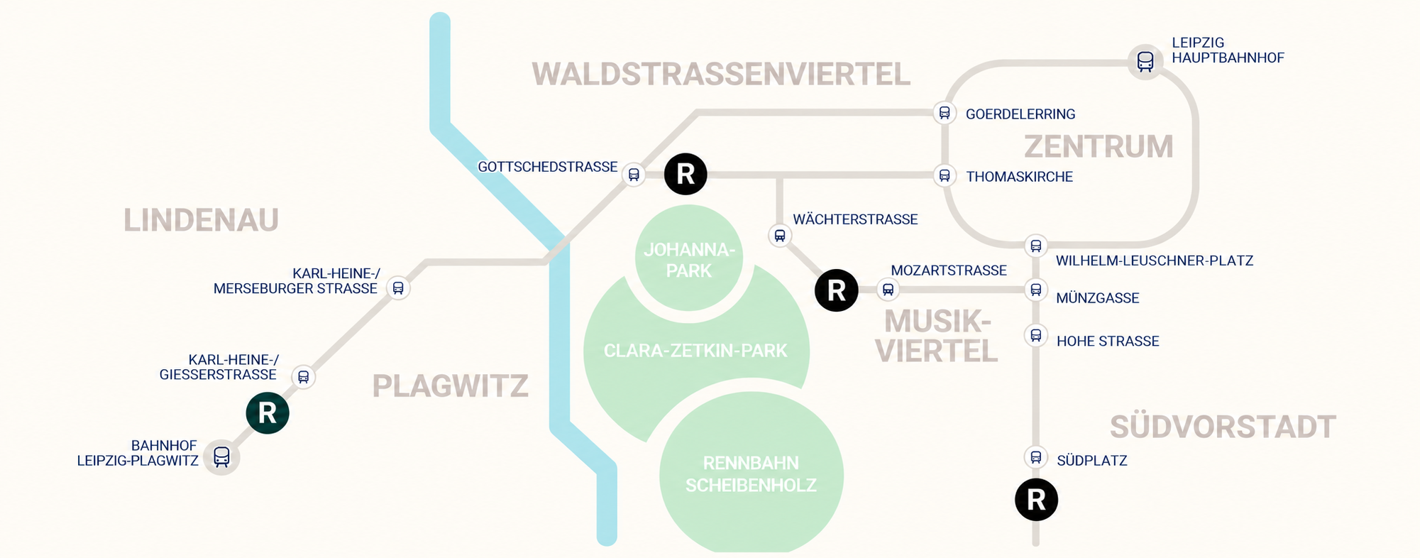Übersichtskarte der vier Röseling-Filialen in Leipzig mit hervorgehobener Filiale in Plagwitz